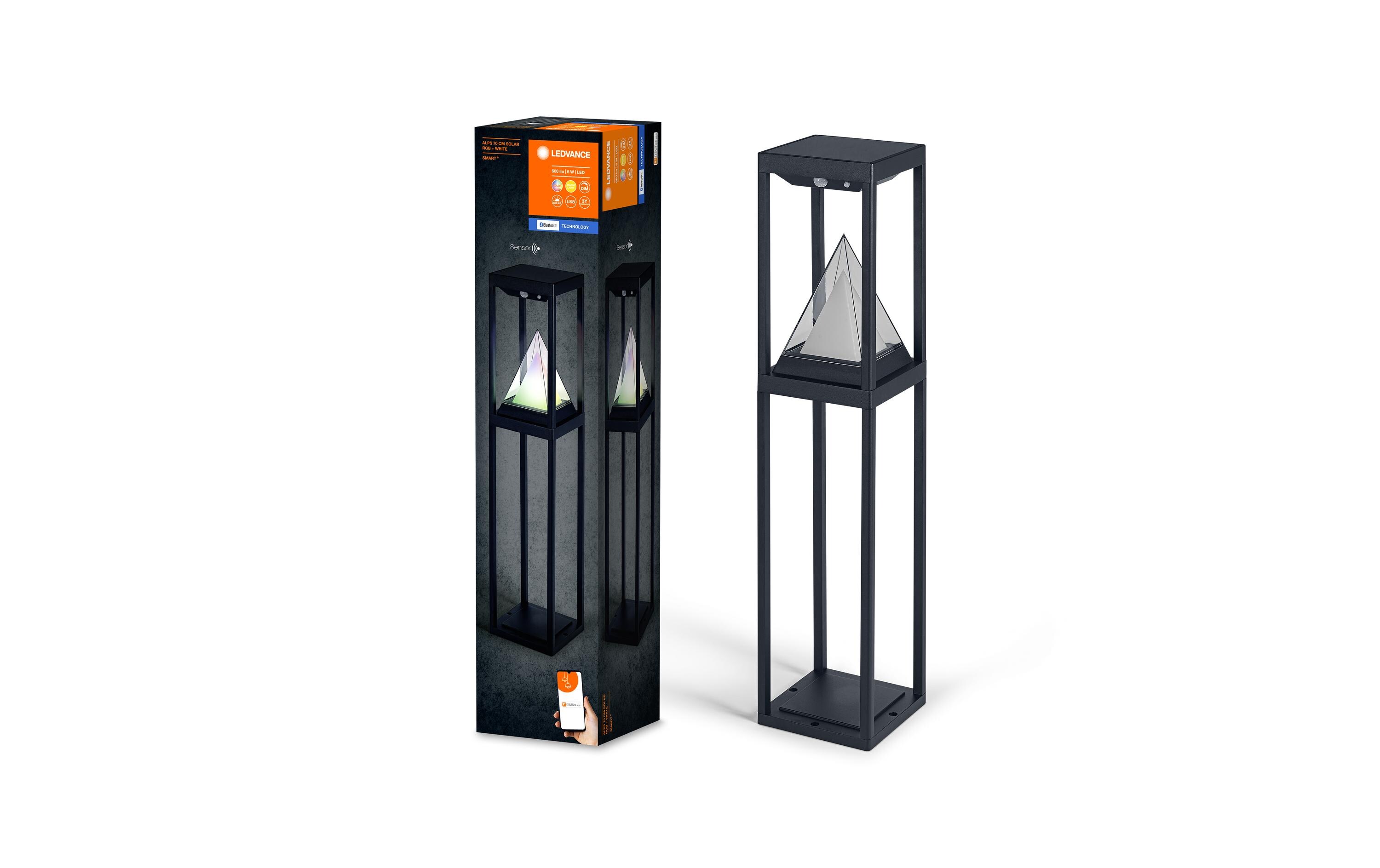 Outdoor Sockelleuchte Smart+ Solar Alps, 3000K, BT, Schwarz<br>Solarbetriebene LED-Aussenleuchten