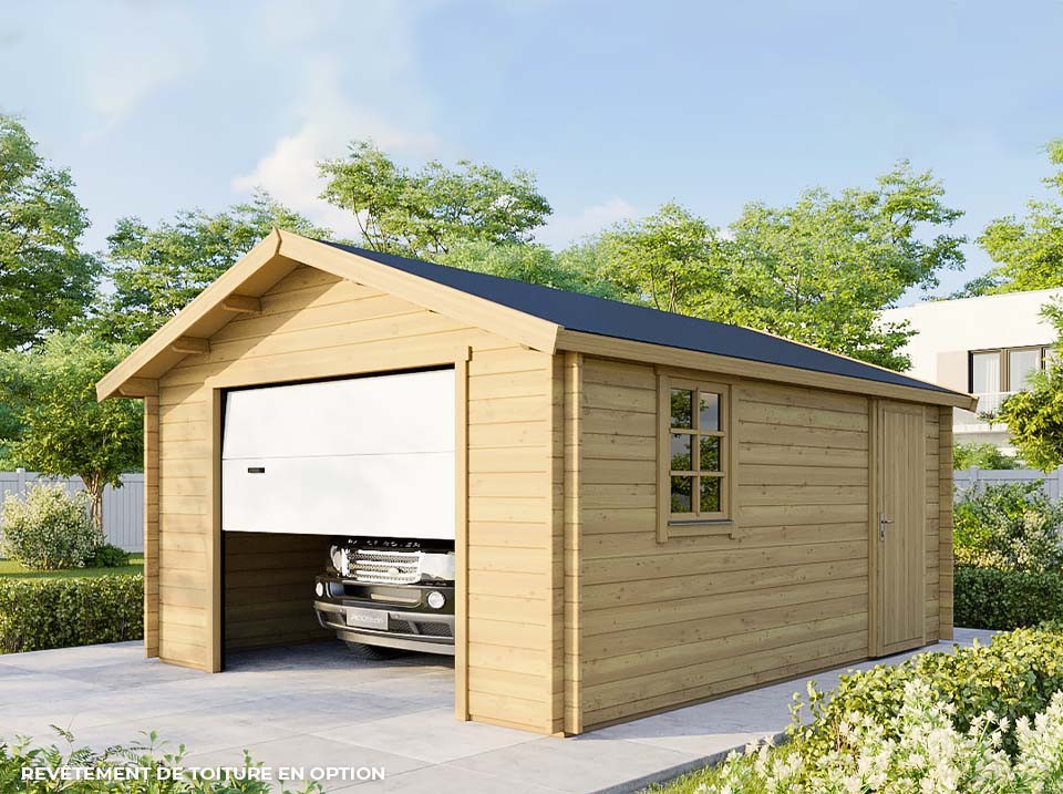 Garage bois toronto porte sectionnelle 19,2m² - 1 voiture - double vitrage - double pente - fenêtre oscillo-battante