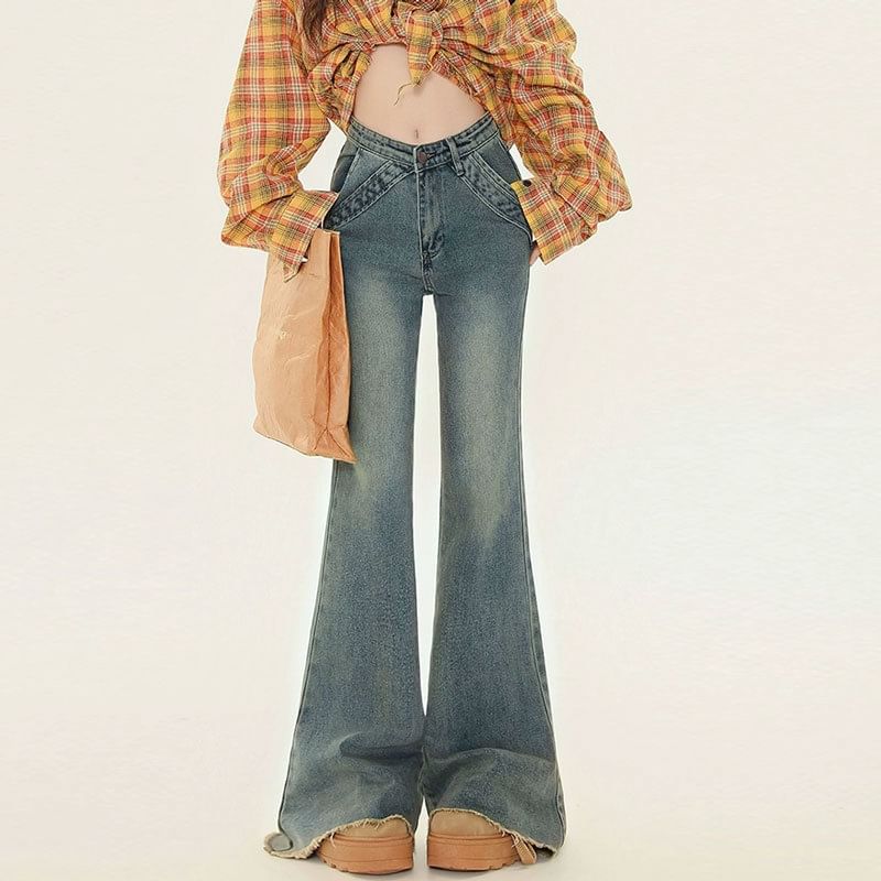 Rosesand - Low Waist Washed Slim-Fit Boot-Cut Jeans