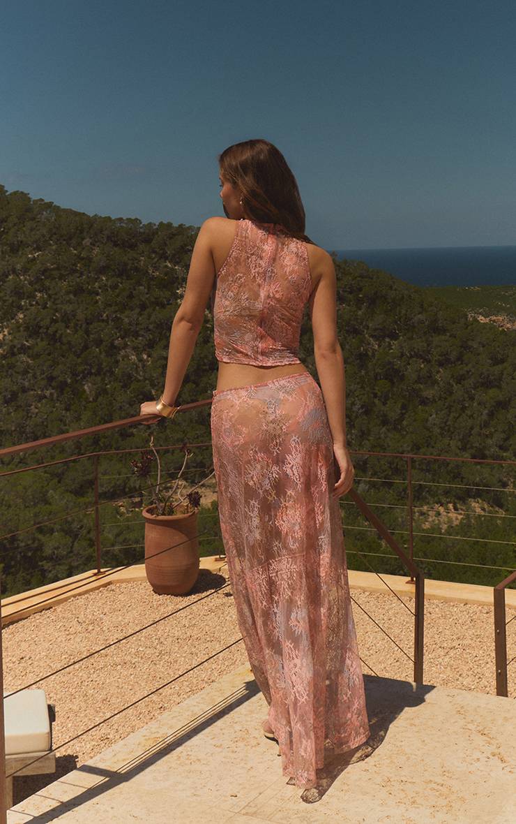 Rose Ensemble Jupe Longue Transparente En Dentelle Imprimée Florale