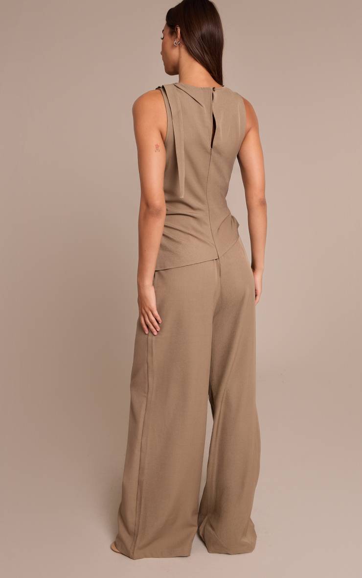 Moka Combinaison Pantalon Large Moka Foncé Tissée Col Montant Froncé