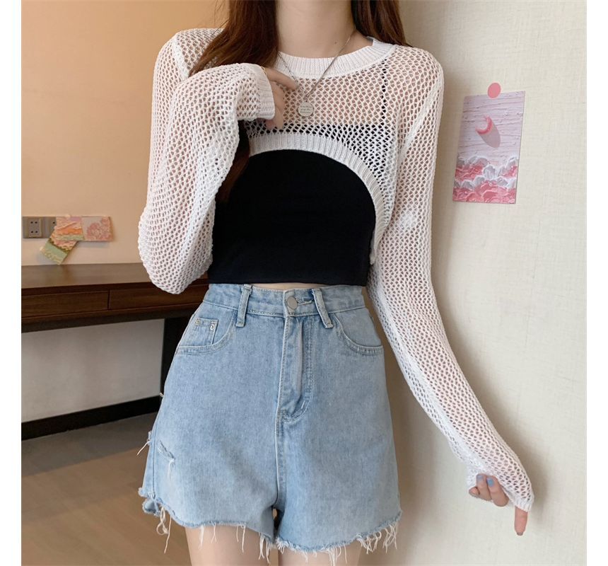 Allinya - Lange mouwen ronde hals effen pointelle gebreide crop top