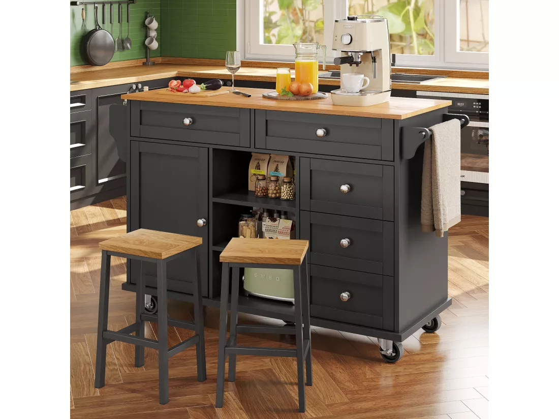 Ilot central de cuisine fixe avec une porte, 5 tiroirs et 3 compartiments ouverts - 134 x 46 x 92 cm - Bois MDF - Noir