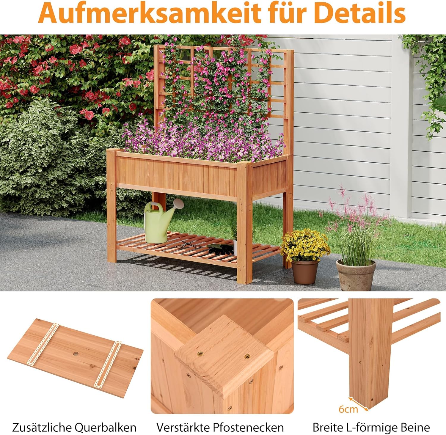 COSTWAY Hochbeet mit Spalier und Ablage, Blumenbeet mit Ablauflöchern, Gartenbeet Pflanzkasten Holz, Blumenkasten mit Rankgitter für Kletterpflanzen, Garten Balkon Terrasse, 116 x 59 x 150 cm (Braun)