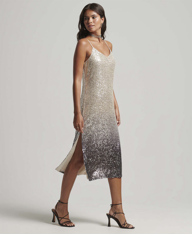 Superdry OMBRE SEQUIN SLIP MIDI DRESS Silver dip dye