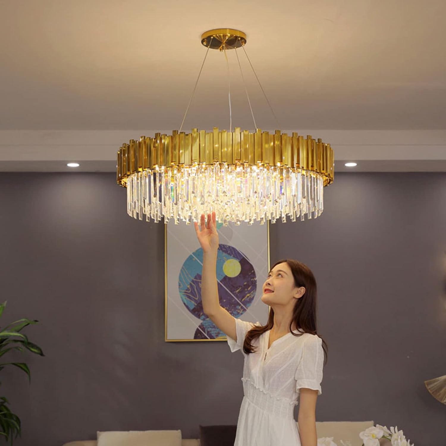 AHXIAOZN Modern Kronleuchter Kristall Leuchte,Kristall Deckenleuchte Gold,9xE14 Lichter für Esszimmer, Küche, Wohnzimmer, Schlafzimmer, Flur, Café,Bar
