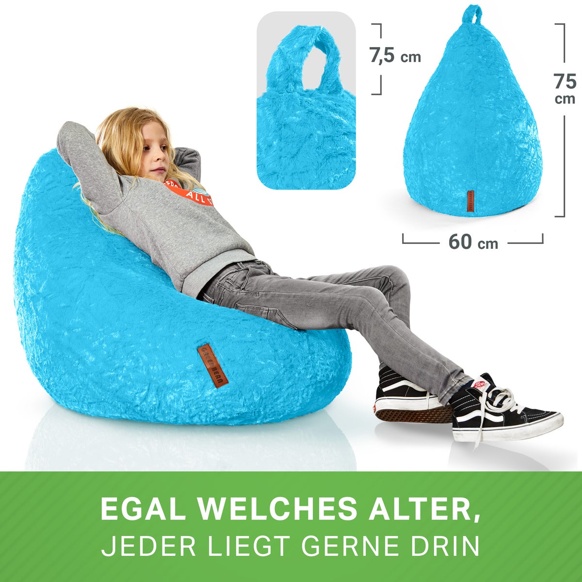 Green Bean Pluche Zitzak 45x45x60cm - Binnenzitkussen met 120L EPS-korrelvulling, comfortabel, wasbaar - Zitzak Vloerkussen, Loungestoelkruk - Lichtblauw