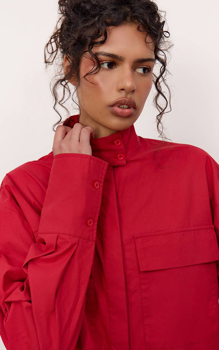 Rouge Chemise Oversize En Coton Avec Poches Détaillées