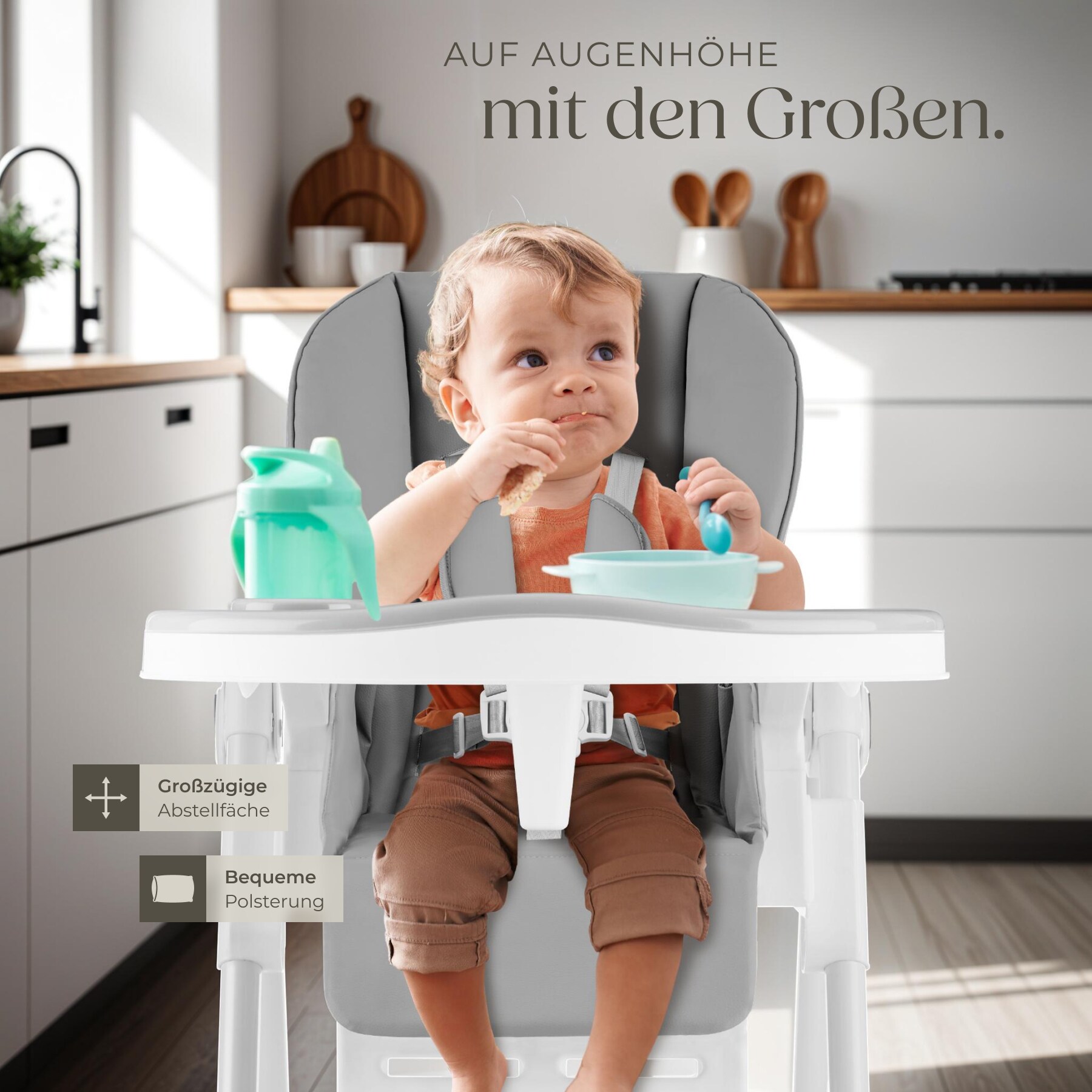 tectake® Hochstuhl, ab den ersten Lebensmonaten, klappbar, pflegeleichter, schmutzabweisender Kunstlederbezug, doppeltes Tablett, Belastbarkeit 15 kg, 55 x 91 x 95 cm