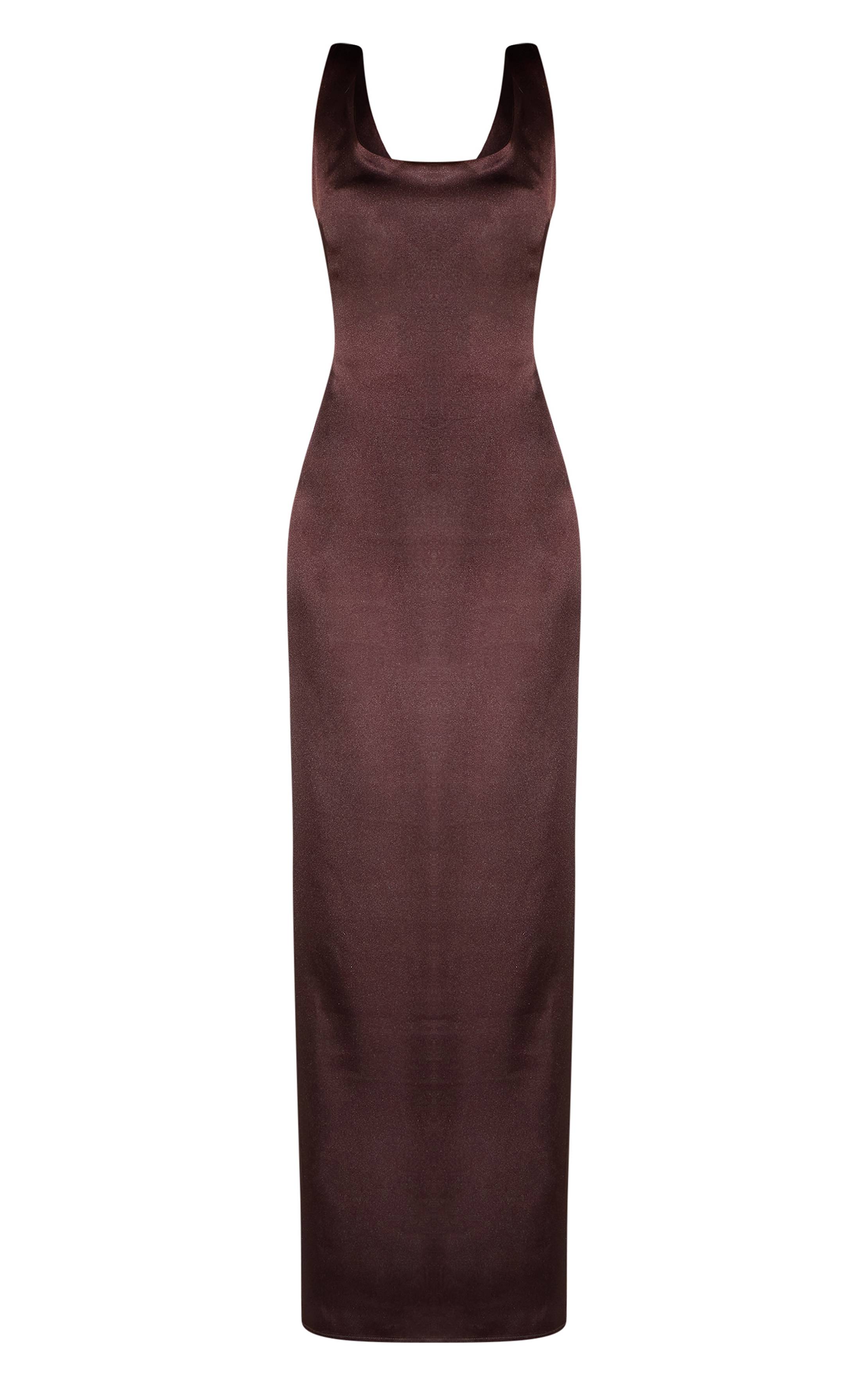 Chocolat Robe Longue En Satin À Encolure Ronde