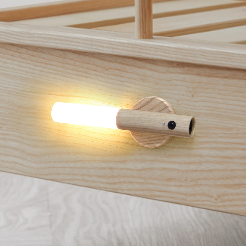 Magnetische Holz LED Wandleuchte Abnehmbares USB Nachtlicht Flur Beleuchtung mit Bewegungssensor - Hellbraun