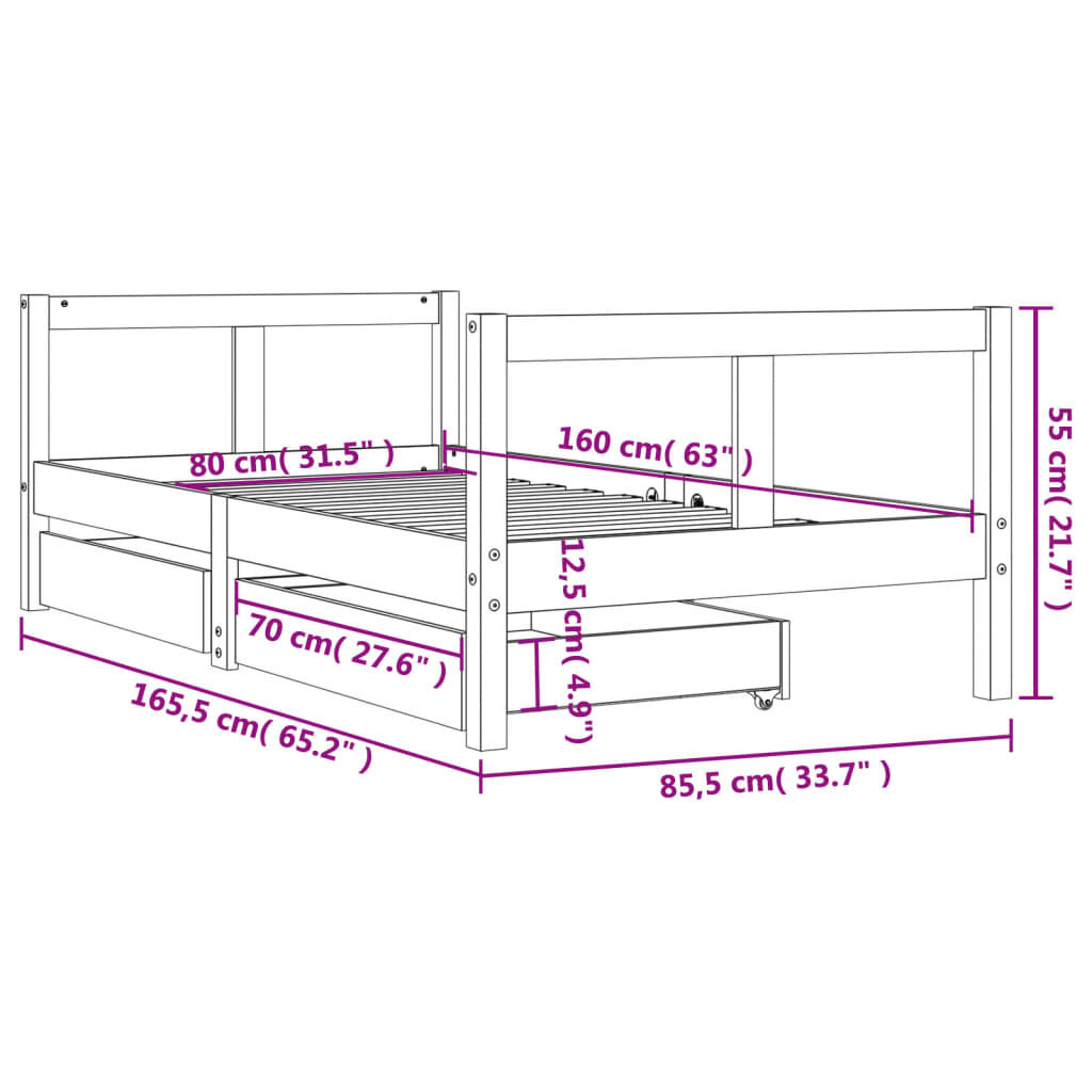 vidaXL Kinderbedframe met lades zwart 80x160 cm grenen