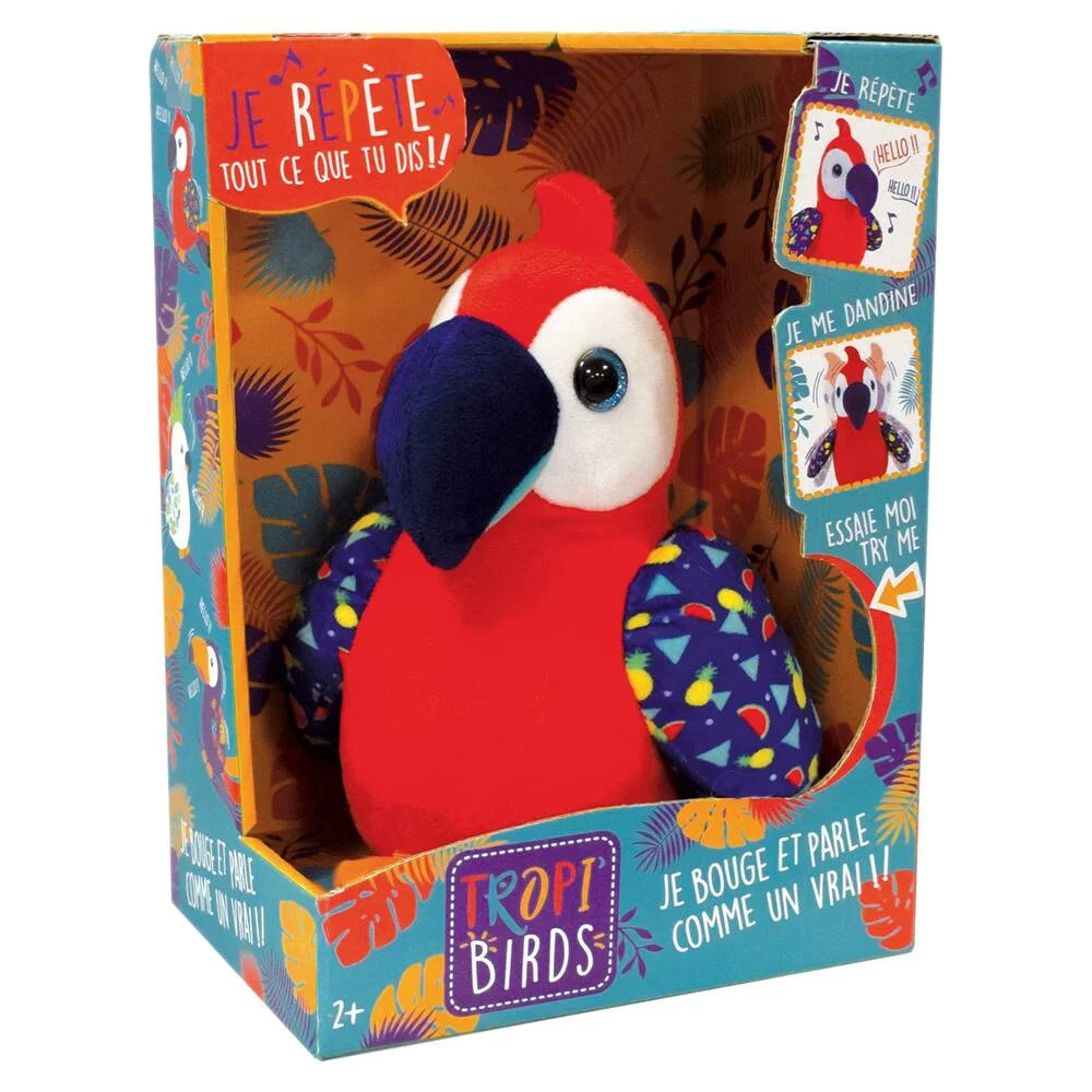 PELUCHE PERROQUET ROUGE QUI REPETE ET SE DANDINE 20 CM