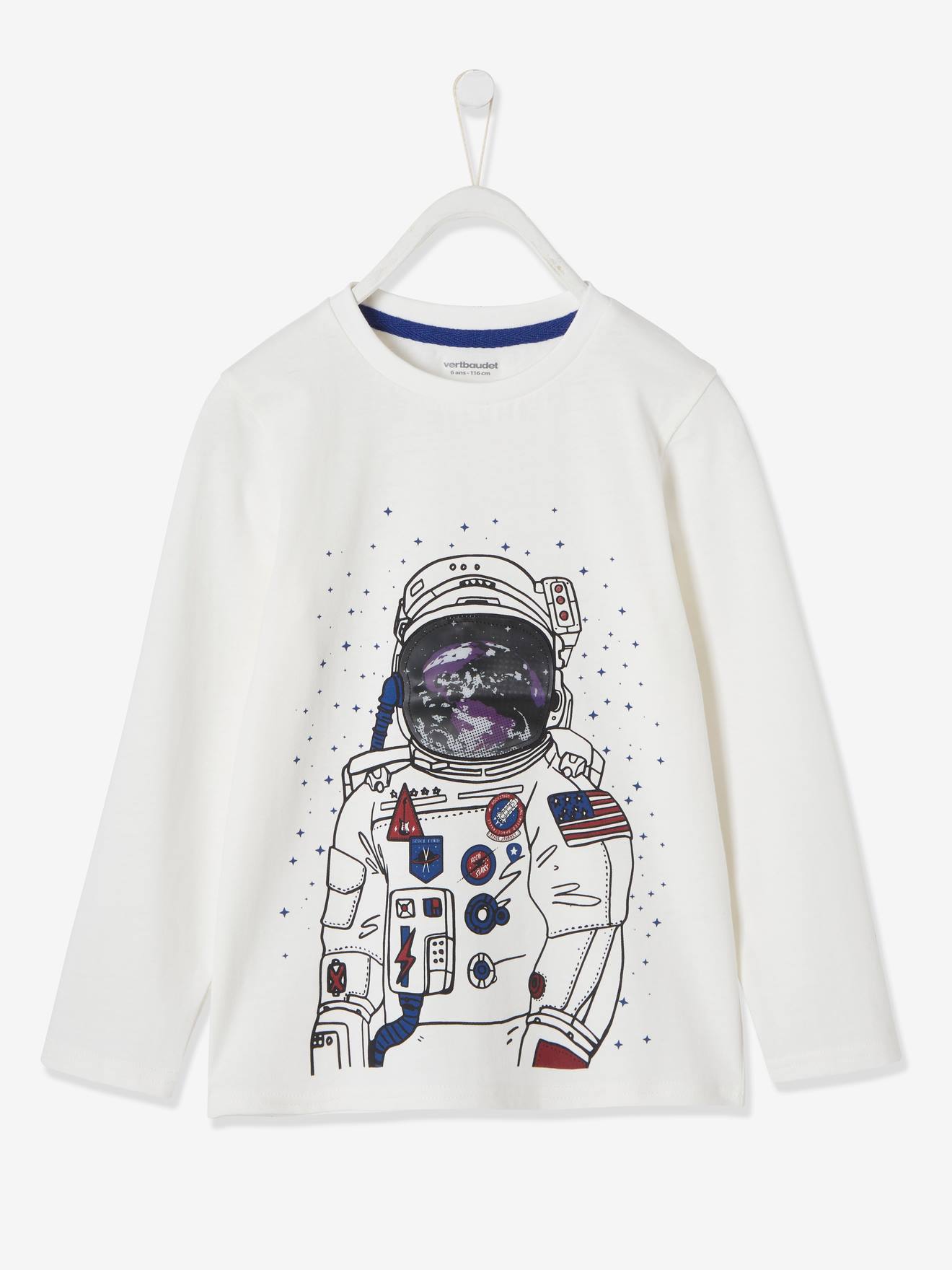 Camiseta de astronauta para meninos, branca lisa com estampas.