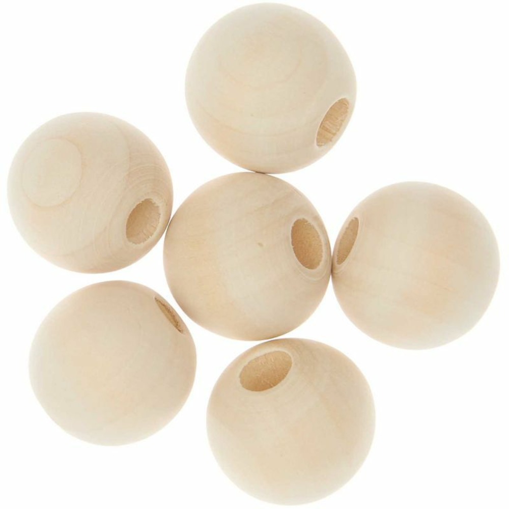 6 perles rondes macramé - bois nature - 30 mm