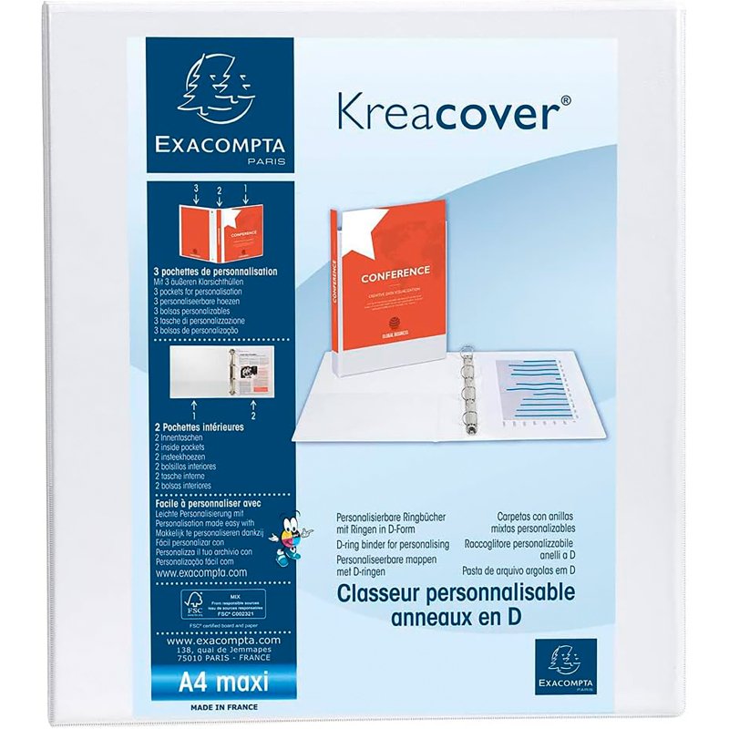 Classeur 2 anneaux plastifié Exacompta KREACOVER® personnalisable A4+ - Dos 6,4 cm blanc