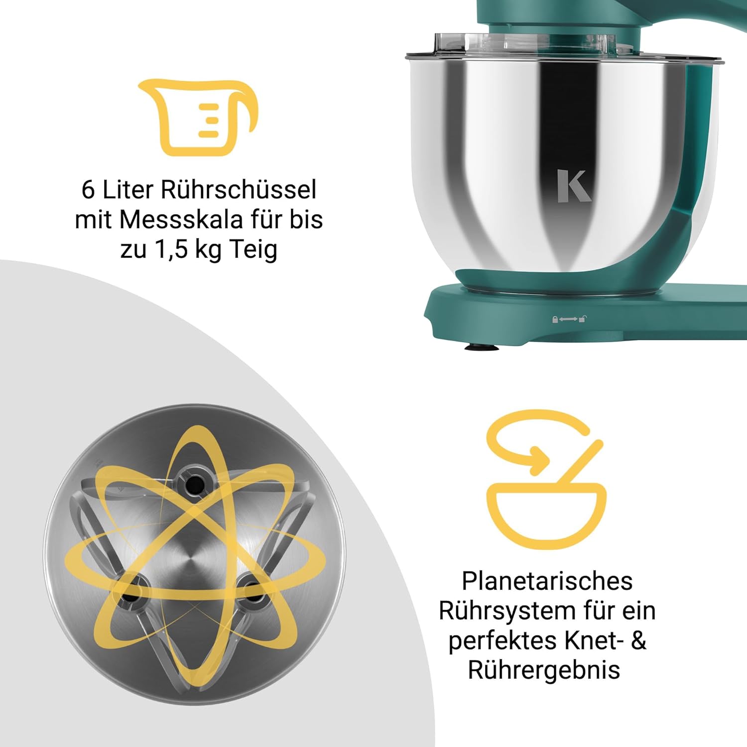 KLAMER Küchenmaschine 1800W, Knetmaschine Brotteig mit Edelstahl-Rührschüssel 6 L, 10 Stufen mit Timer, Planetenrührwerk, Rührbesen, Knethaken, Schneebesen & Sichtdeckel (türkis)