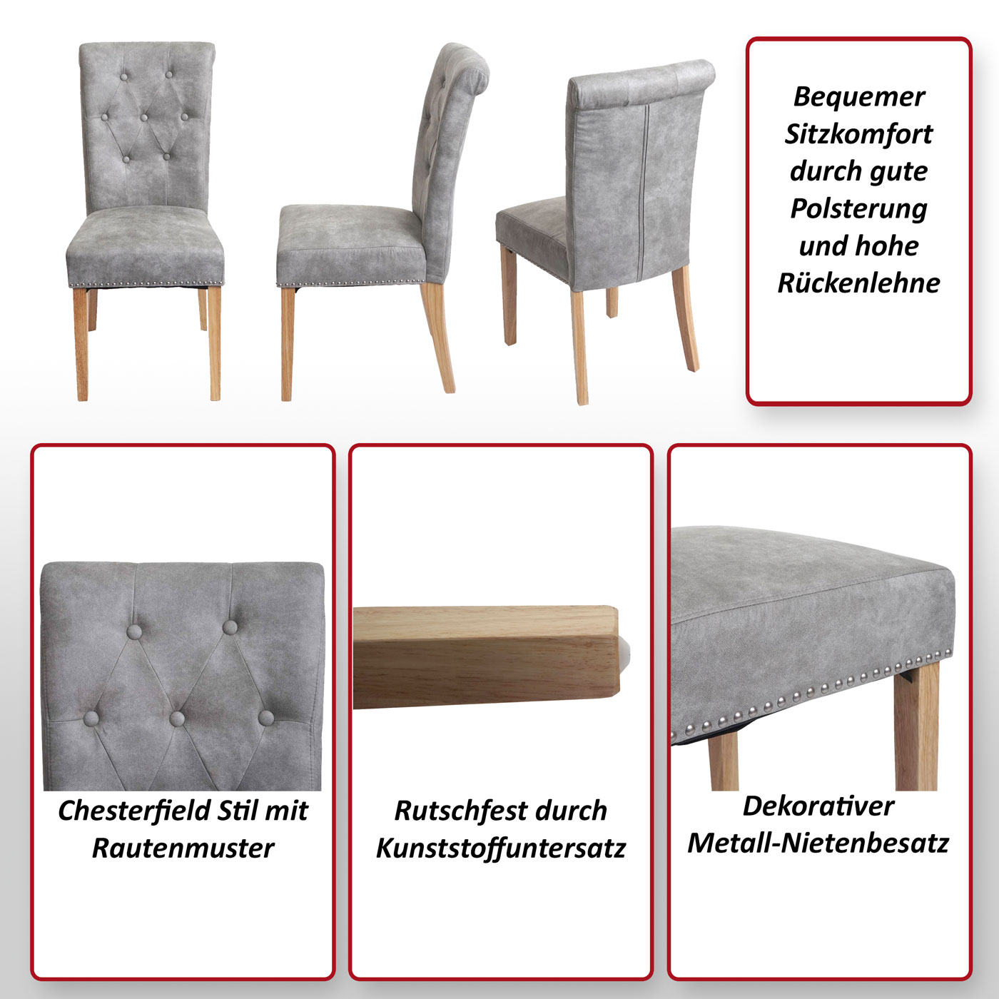 2er-Set Esszimmerstuhl Chesterfield Edinburgh II, Stuhl Küchenstuhl, Nieten ~ Kunstleder, creme, dunkle Beine