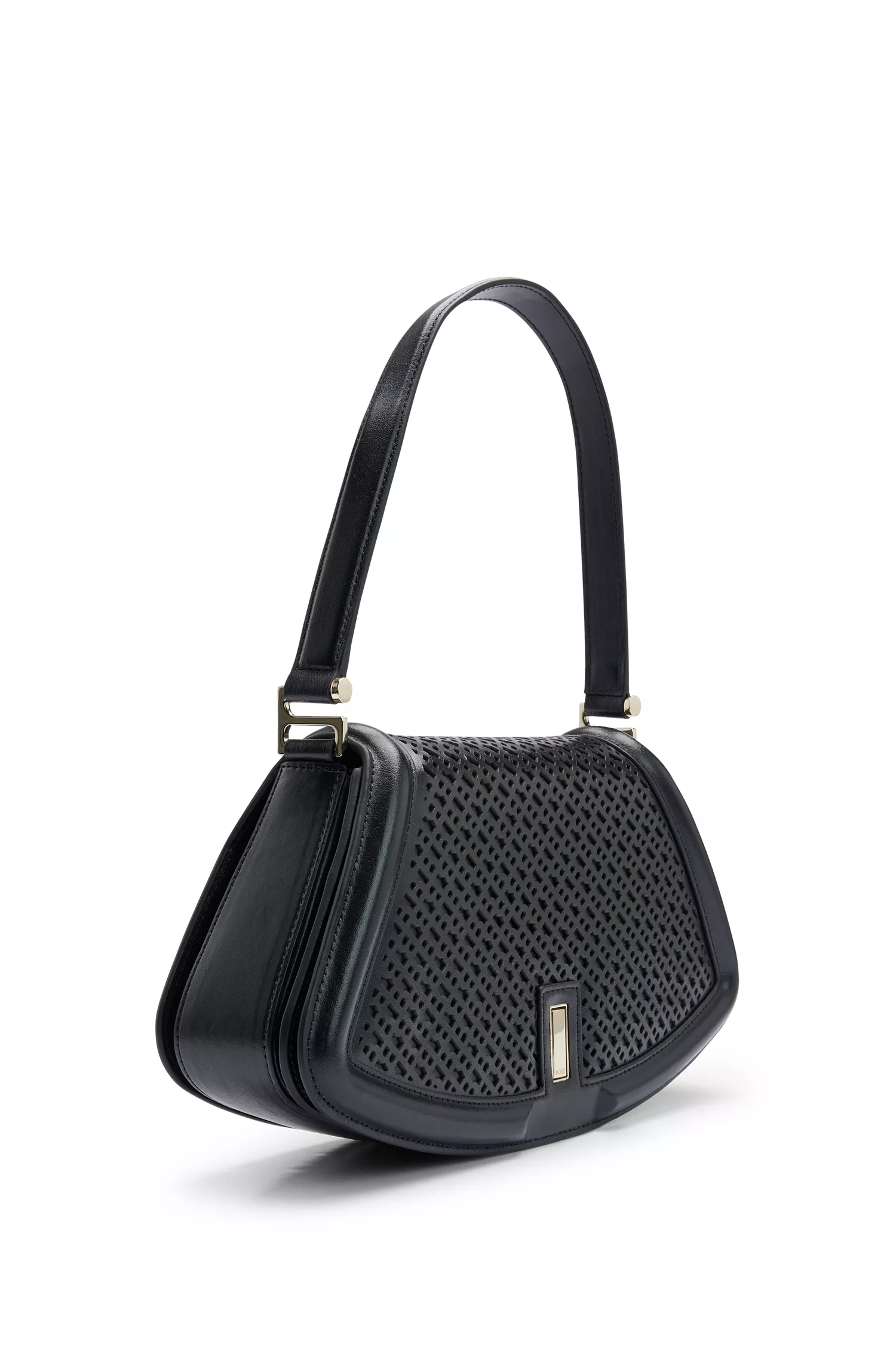Bolsa de ombro BOSS em couro preto com estampa de monograma.