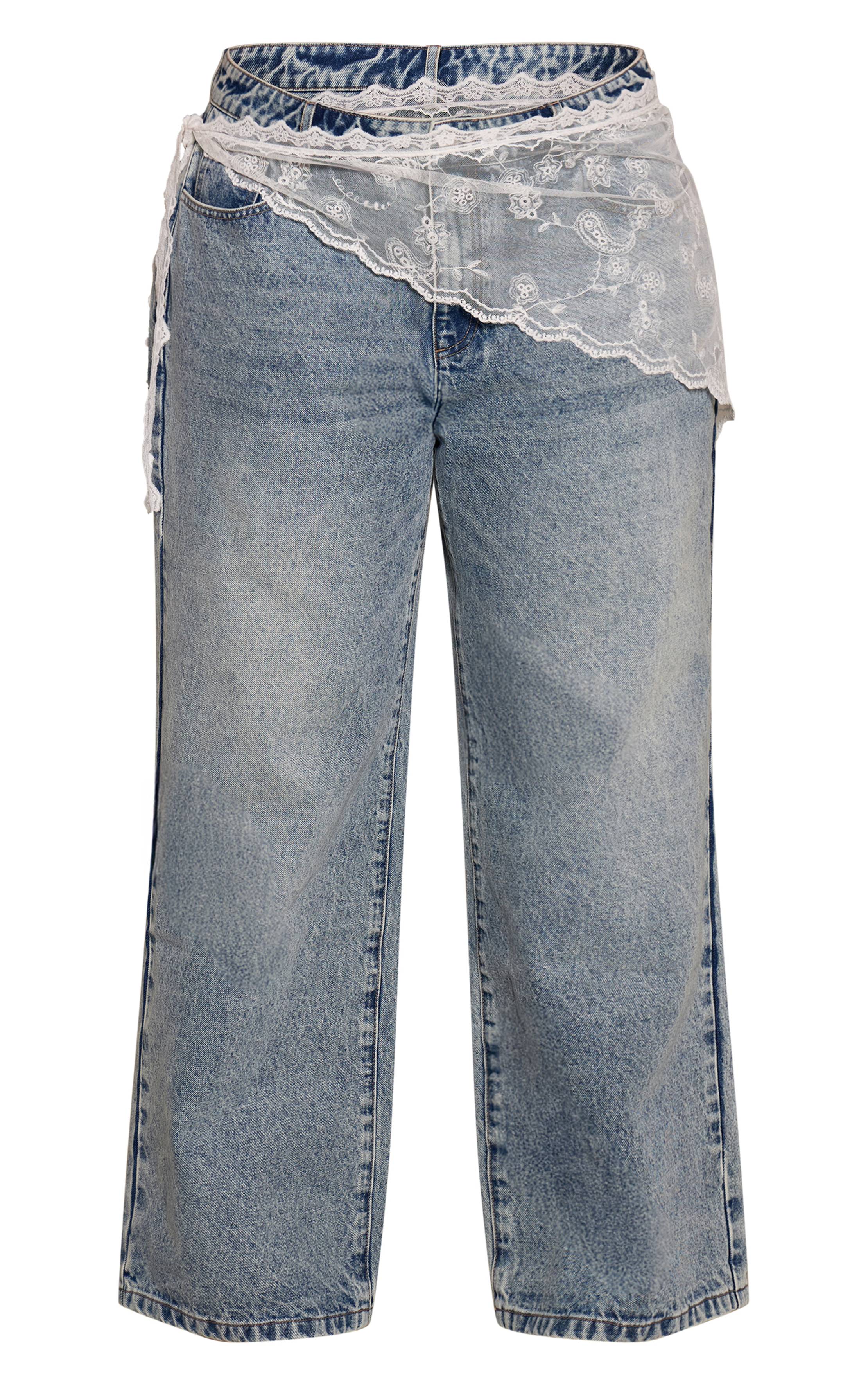 Mid Blue Wash Jean Large À Détail De Panneau Broderie Anglaise Grande Taille