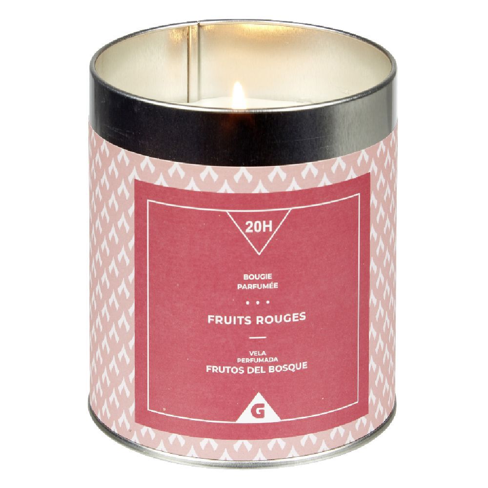 Bougie parfumée dans pot en métal senteur fruits rouges