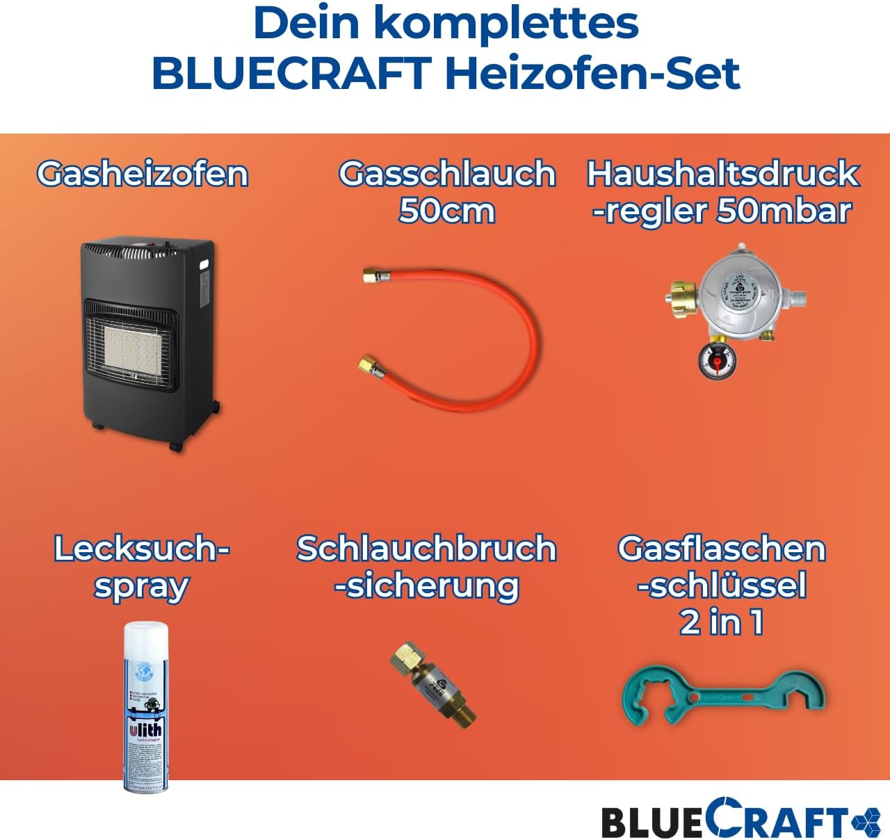 Bluecraft Gas-Ofen Heizofen in PREMIUM QUALITÄT Gasheizer für INNENRÄUME Infrarot Heizstrahler Notofen 4,2 kW | Camping-Heizung mit Haushaltsregler, Gasschlauch, Gasflaschenschlüssel, Lecksuchspray