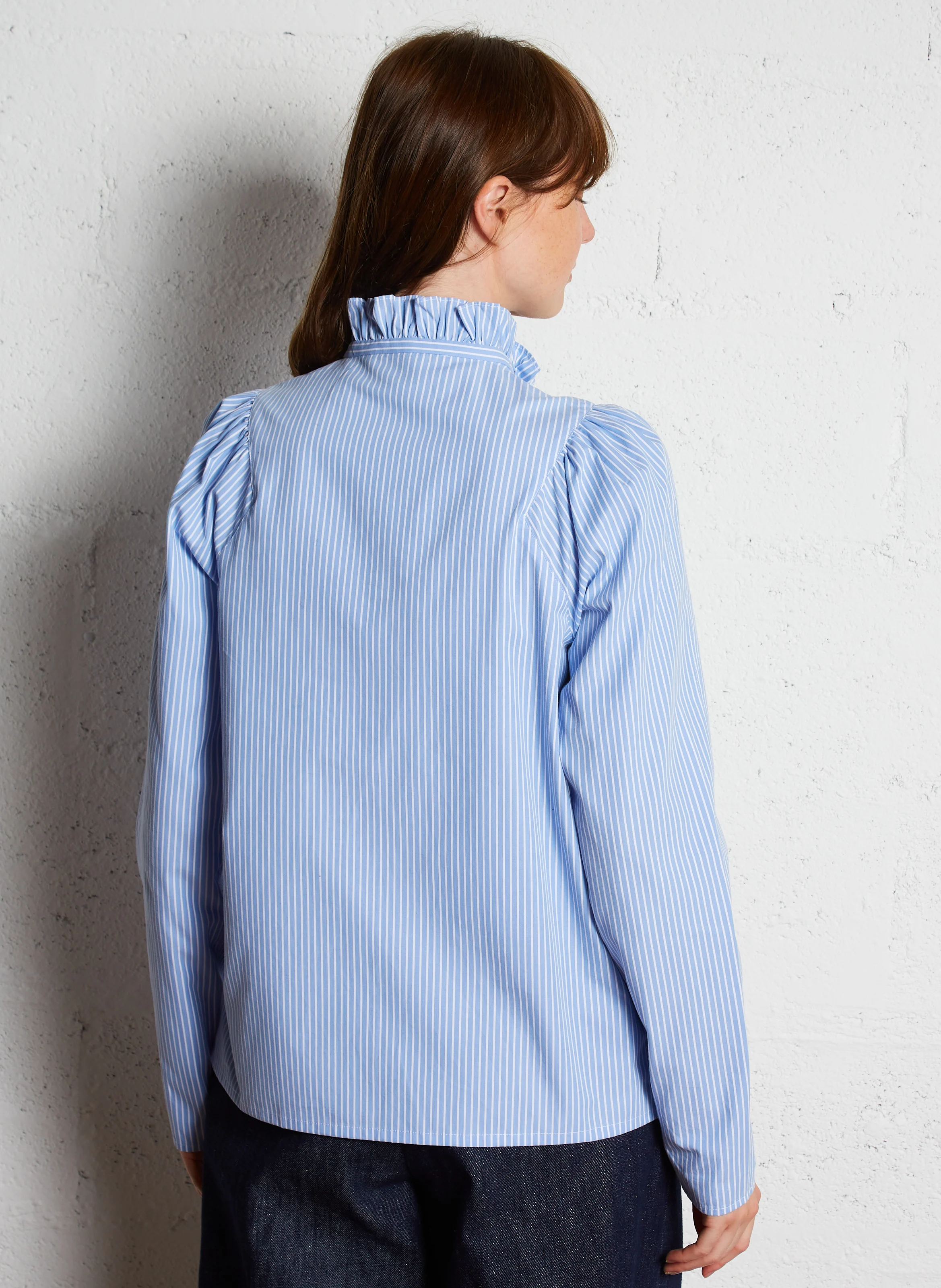 CLOTHILDE - Chemise droite col montant en coton | Bleu
