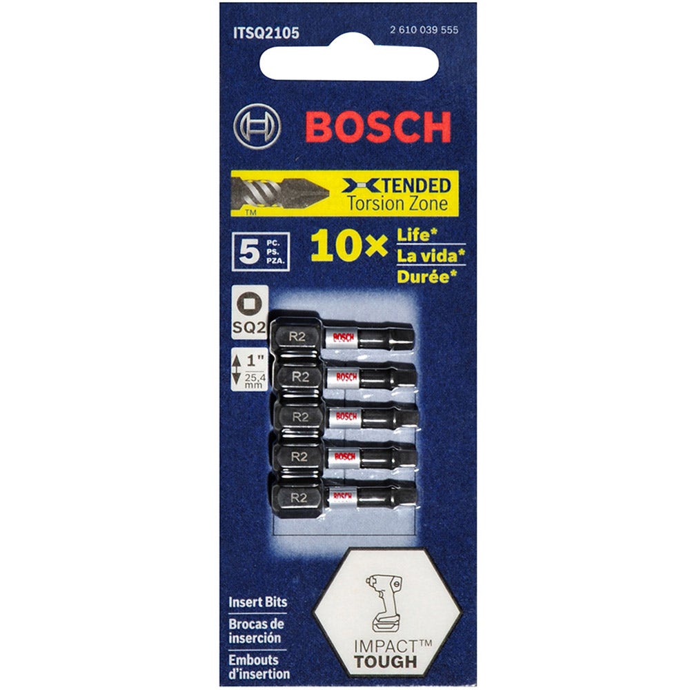 BOSCH R2 x 25mm Robertson/Square Insert Screwdriver Bit - IMPACT TOUGH - 5 Piece