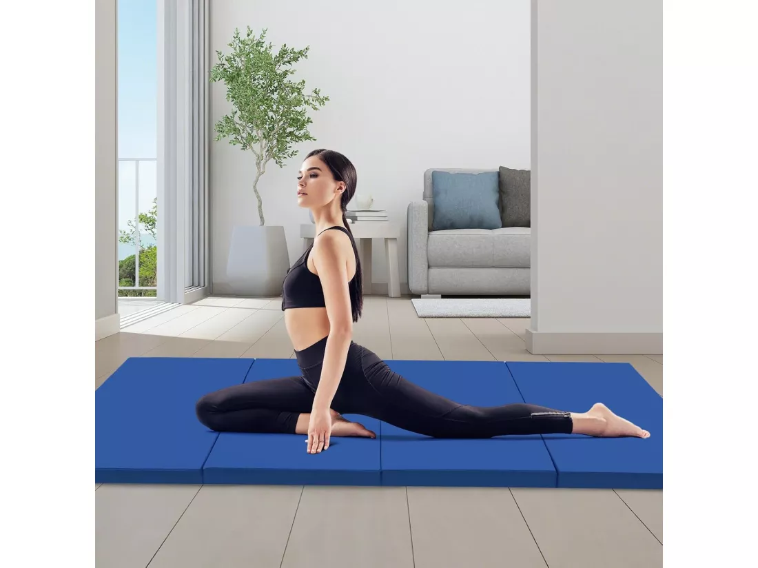 Tapis de Gymnastique Pliable à 4 Plis Epais, Matelas d'Entrainement en Mousse et PU avec Poignées Attaches Auto-agrippantes, pour Gymnastes Entraînements Yoga 300x117x5CM, Bleu