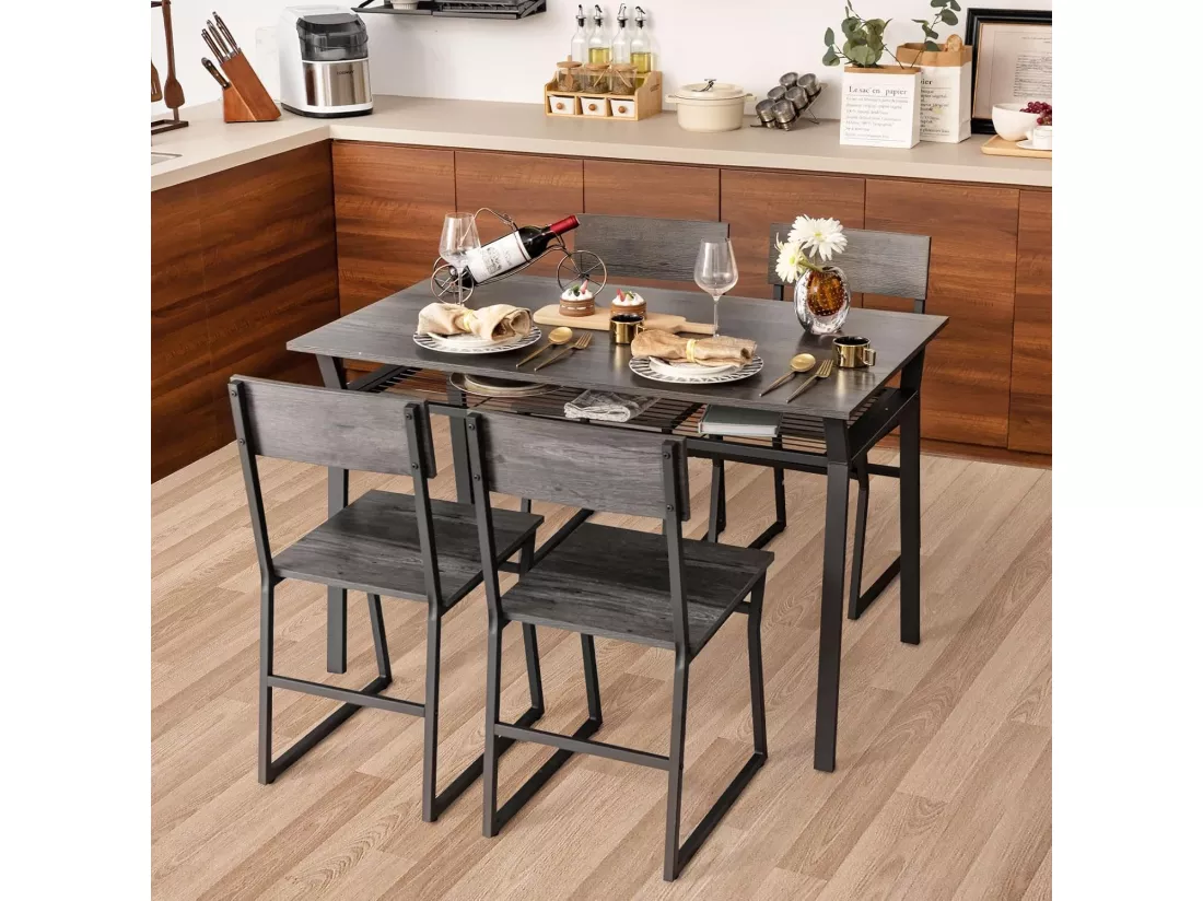 Table à Manger avec 4 Chaises, Cadre en Métal Noir, Table de Cuisine avec Étagère Rectangulaire avec 4 Chaises, 110x70 cm (Gris)