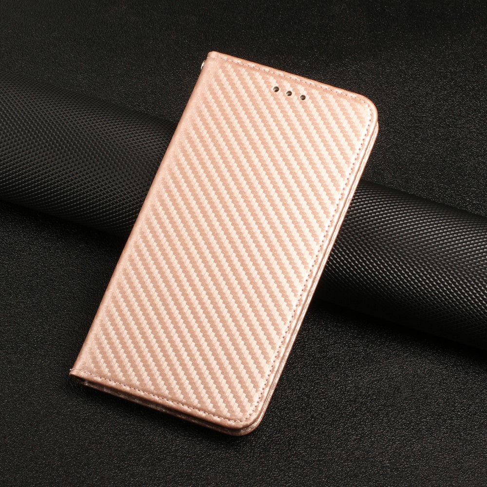 iPhone 15 Pro Leder Tasche Flip Cover Carbon Look - Roségold
