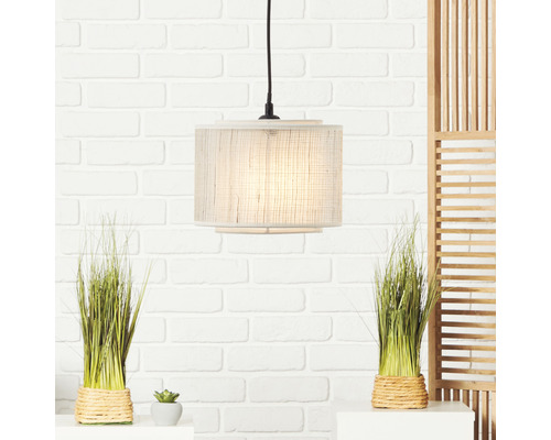 Hanglamp, 1-lichts, HxØ 120x22 cm, beige/zwart, kap bamboe + textiel