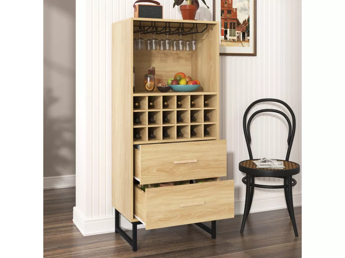 Buffet de cuisine avec casier à vin 18 bouteilles et 2 tiroirs - 60 x 39.5 x 141 cm - Panneau de particules - Coloris bois