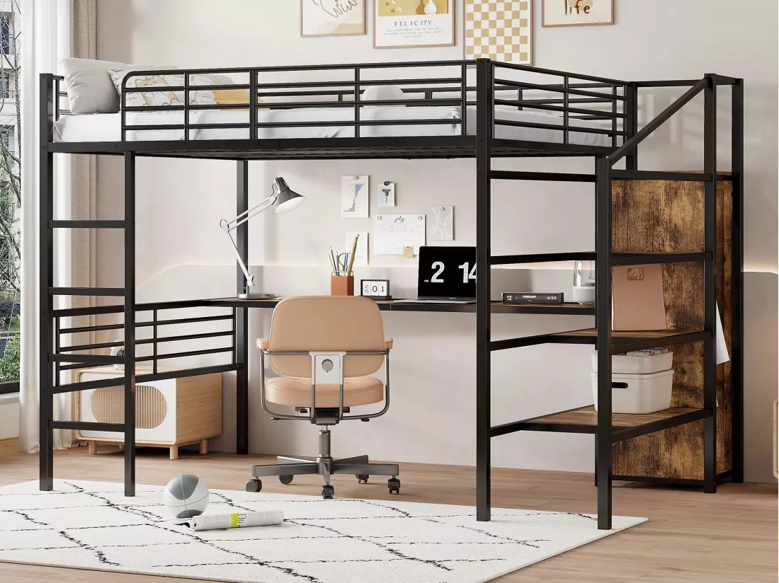 Lit mezzanine 140x200cm en métal - avec bureau、armoire et échelle de rangement - Noir