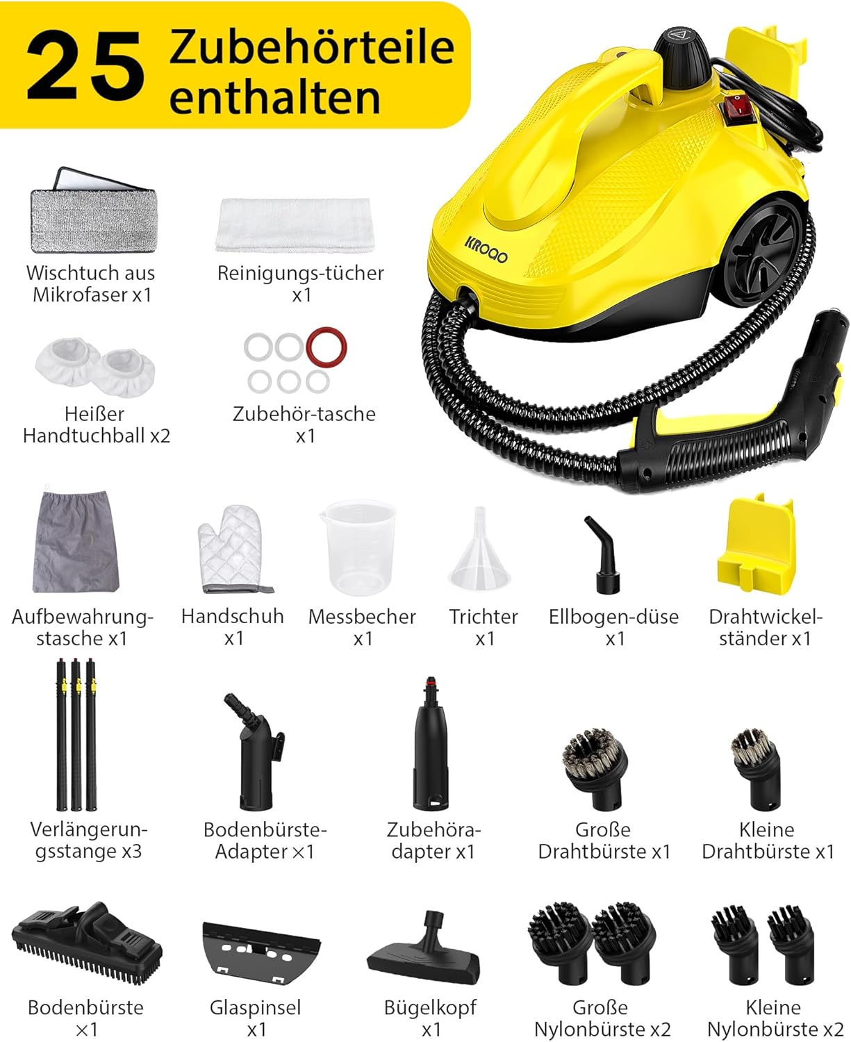Dampfreiniger, fünf Meter langes Netzkabel, geeignet für die Reinigung von Backöfen, Sofas, Polstermöbeln und Spielzeug, mit 23 Zubehörteilen für eine effektive Fleckenentfernung.