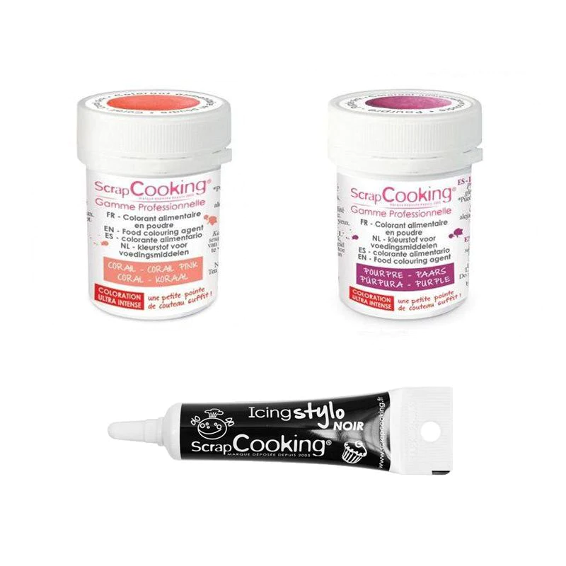 2 colorants alimentaires corail-pourpre + Stylo glaçage noir Scrapcook