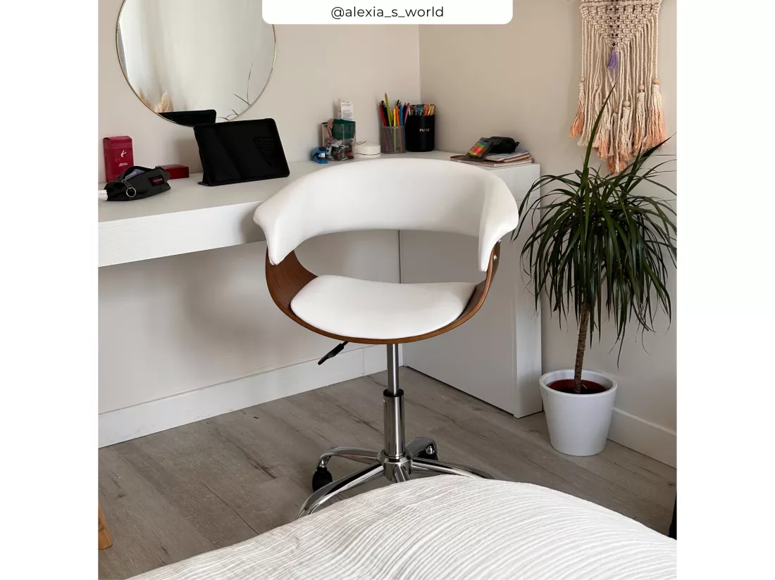 Chaise de bureau pivotante en bois et PU blanc - Basile