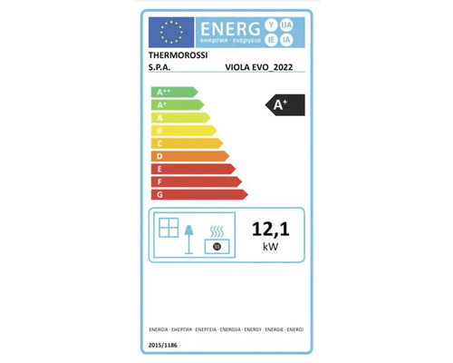 Thermorossi Viola Evo 12,1 kW vaste brandstofkachel, zwart met tegels in bordeaux en gietijzeren kookplaat