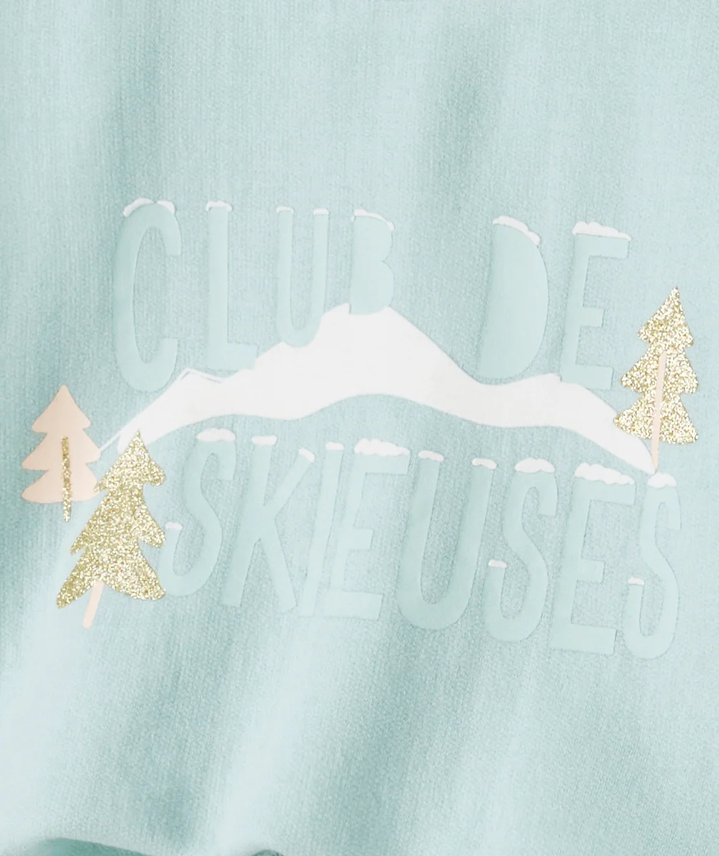 PYJAMA FILLE EN COTON BIOLOGIQUE BLEU ET GRIS AVEC MESSAGE THÈME SKI