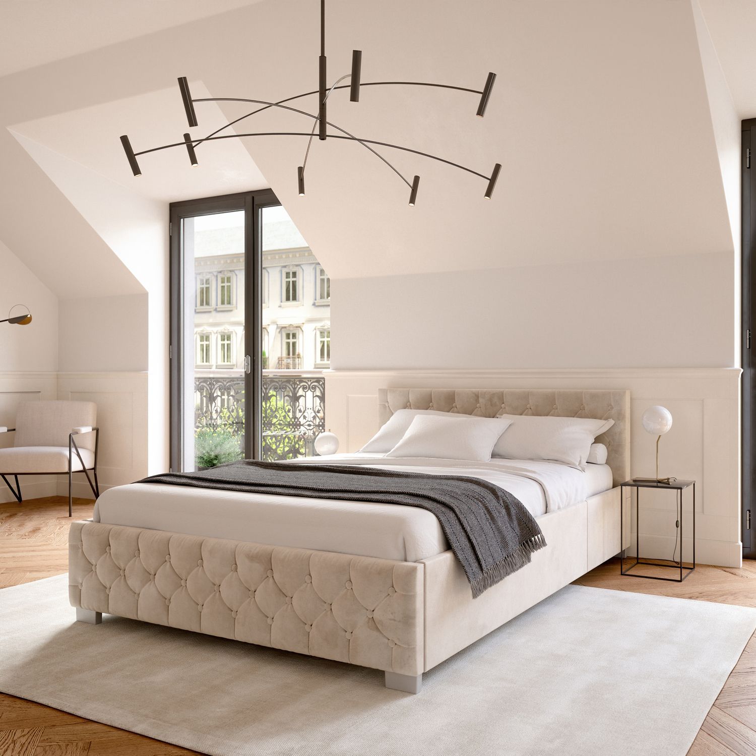 Juskys Polsterbett Nizza 120x200 cm - Matratze, Stauraum & LEDs - Samtbezug mit Steppung - Beige