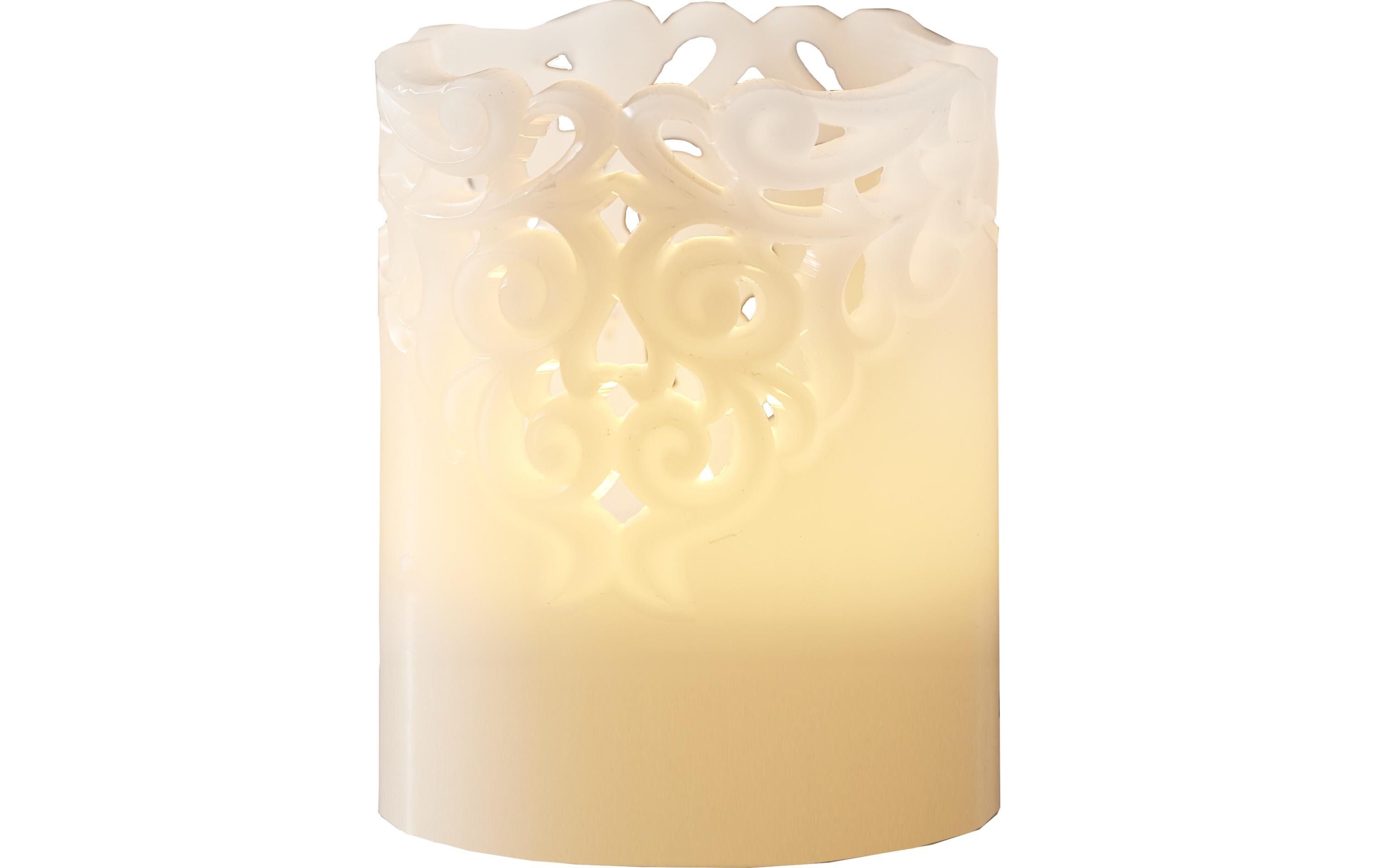 LED-Kerze Pillar Clary Ø 8 x 10 cm, WeissLED-Wachskerze mit Ornamenten