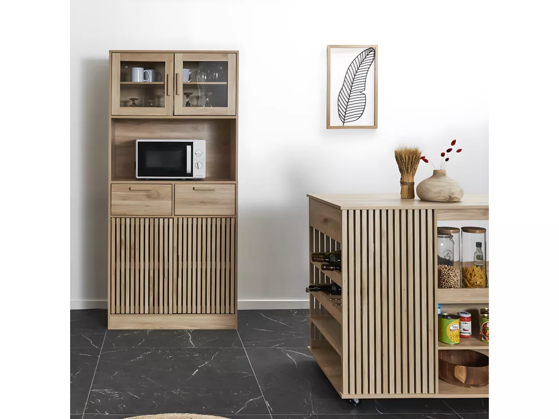 PAJAN - Buffet Vaisselier Multi-Rangement Effet Bois avec Tasseaux