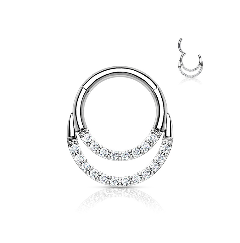 (6mm) Helix / Tragus / Septum 316L Edelstahl Mehrzweck Piercing Klickverschluss Doppel Ring mit Strass - Silber