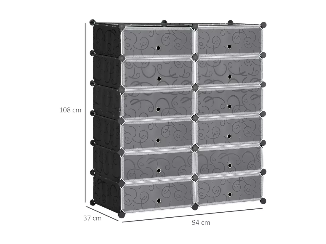 Meuble de rangement - meuble à chaussures modulable 12 casiers avec portes et étagères - dim. 94L x 37l x 108H cm - PP noir blanc