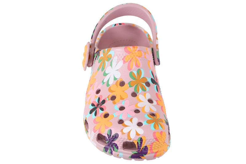 CROCS CLASSIC RETRO SUMMER CLOG K I LYSERØDT GUMMI MED BLOMSTER