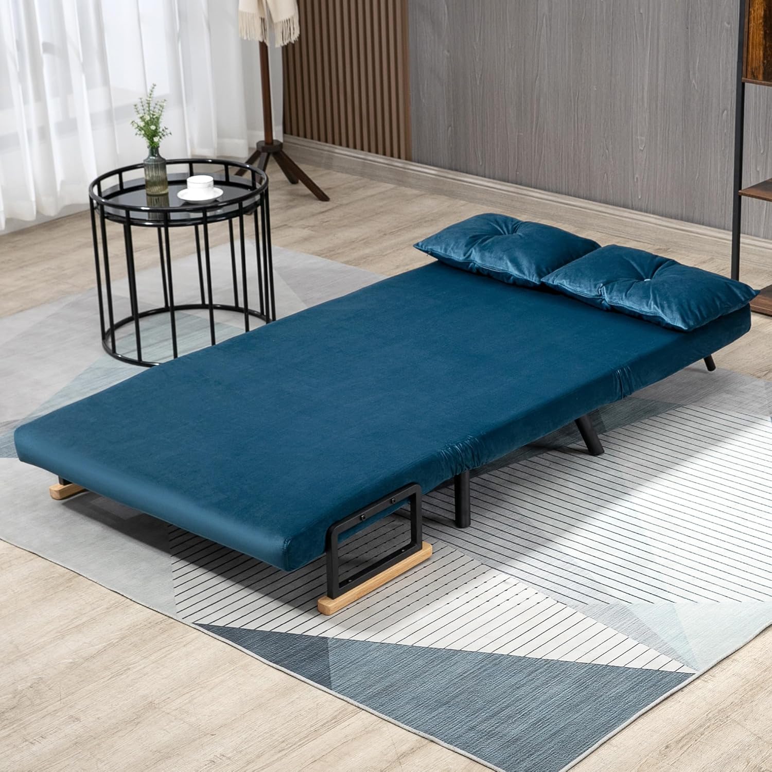 HOMCOM Schlafsofa 4 in 1 2 Sitzer Sofa mit Schlaffunktion, 183 x 98,5 cm Klappbar Schlafsessel mit 5-stufig Verstellbarer Rückenlehne, Armlehne, Lendenkissen Samtoptik für Wohnzimmer, Blau