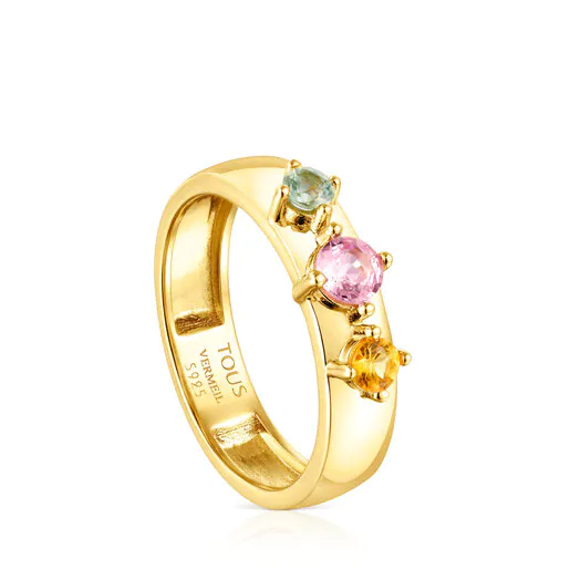 Anel deslumbrante com banho de ouro 18k sobre prata e safiras multicoloridas.