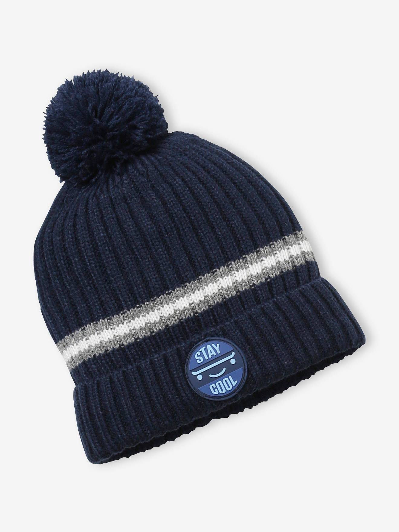Conjunto de gorro canelado, cachecol tubular e luvas para meninos, azul escuro bicolor/multicolorido