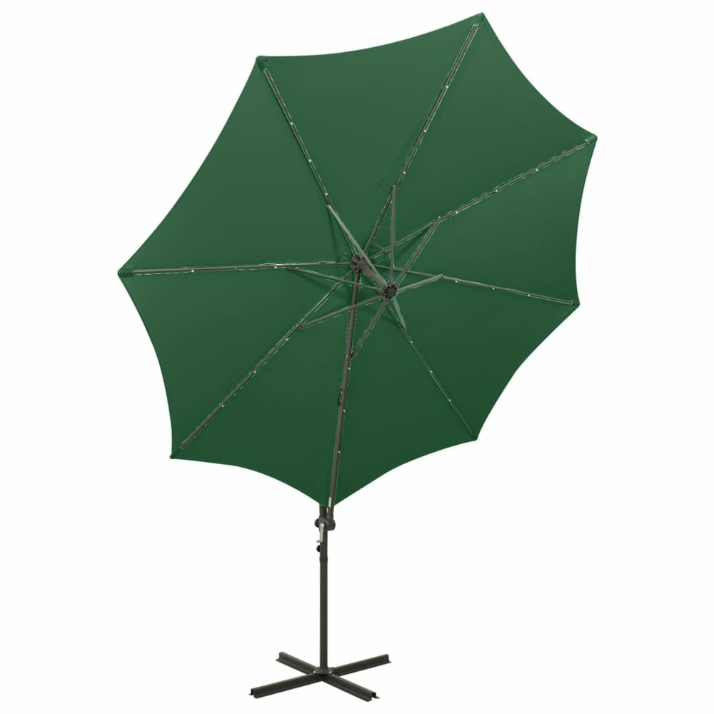 Parasol meuble de jardin déporté avec mât et lumières led 300 cm vert