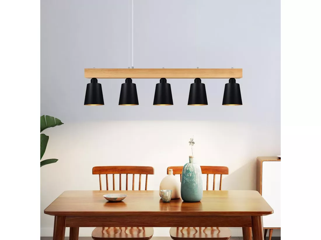 NETTLIFE Suspension 5 Ampoules E27 Noir Diam.102cm Moderne Métal et Bois Lampe de salle à Manger pour Chambre Cuisine Couloir